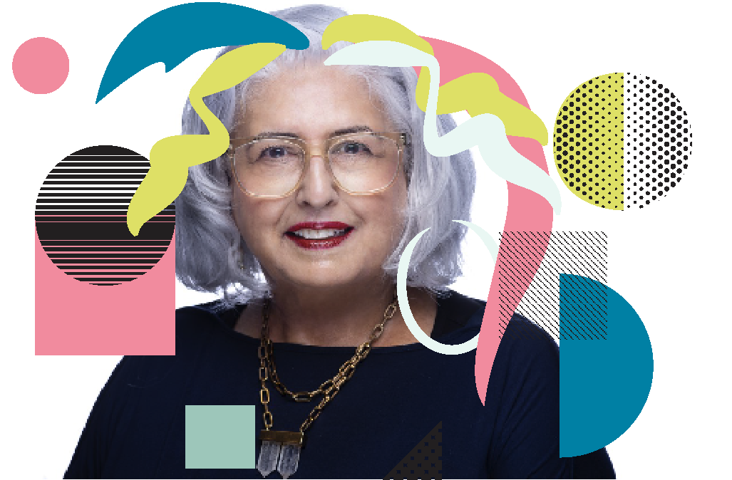 Headshot image of Jan Jervis with coloured shapes overlay