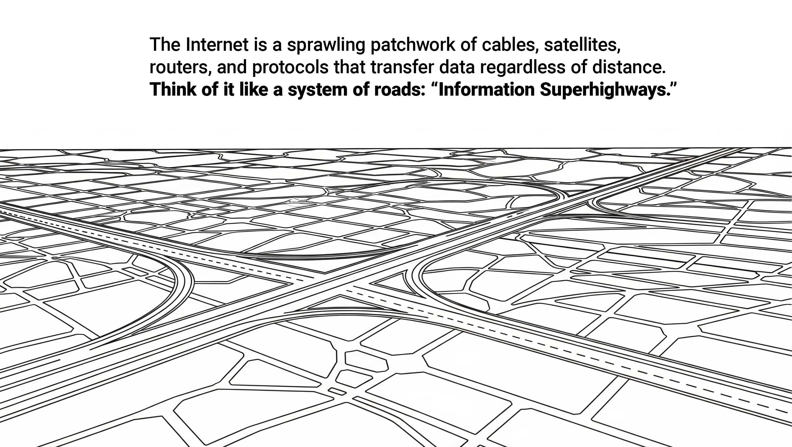 Black and white line drawing of roads to represent the Internet.